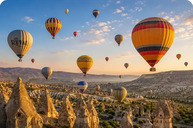 Hot-air balloons over the fairy chimneys of Cappadocia