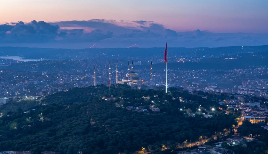 Stunning aerial view of Istanbul at twilight, featuring the Camlica Mosque illuminated against the city skyline.