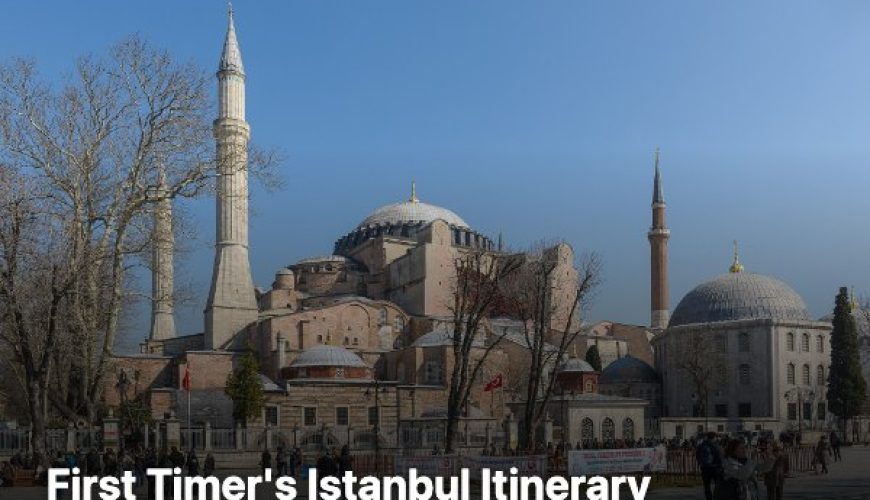 Exterior of Hagia Sophia in Istanbul with its minarets and domes seen from the square