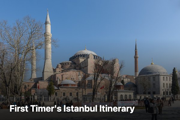 Exterior of Hagia Sophia in Istanbul with its minarets and domes seen from the square