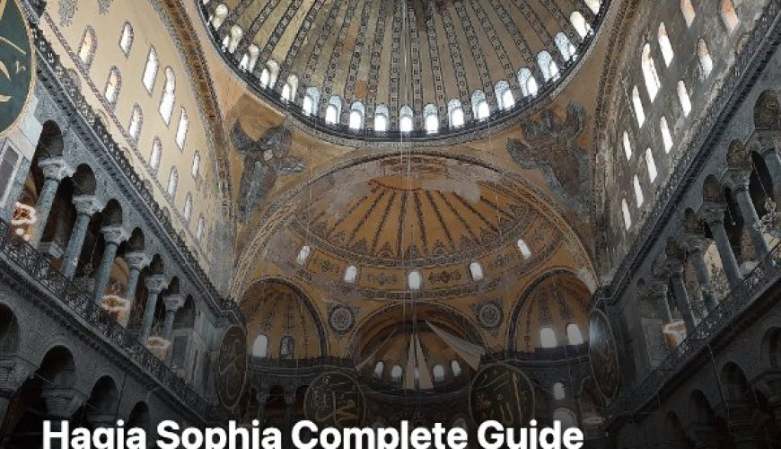 Interior of Hagia Sophia in Istanbul showing the main dome and calligraphic roundels