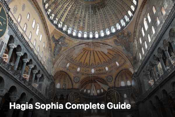 Interior of Hagia Sophia in Istanbul showing the main dome and calligraphic roundels
