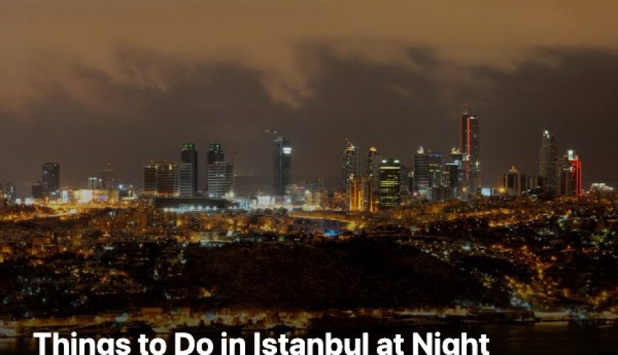 The Istanbul skyline lit up after dark across the water