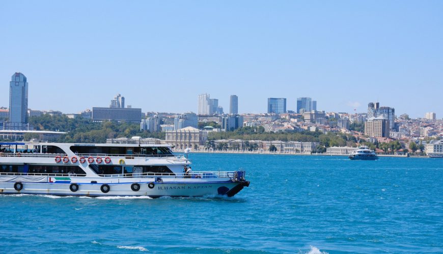Cruise ships sail through the vibrant Bosphorus with Istanbul's skyline in the background, capturing a sunny day in Türkiye