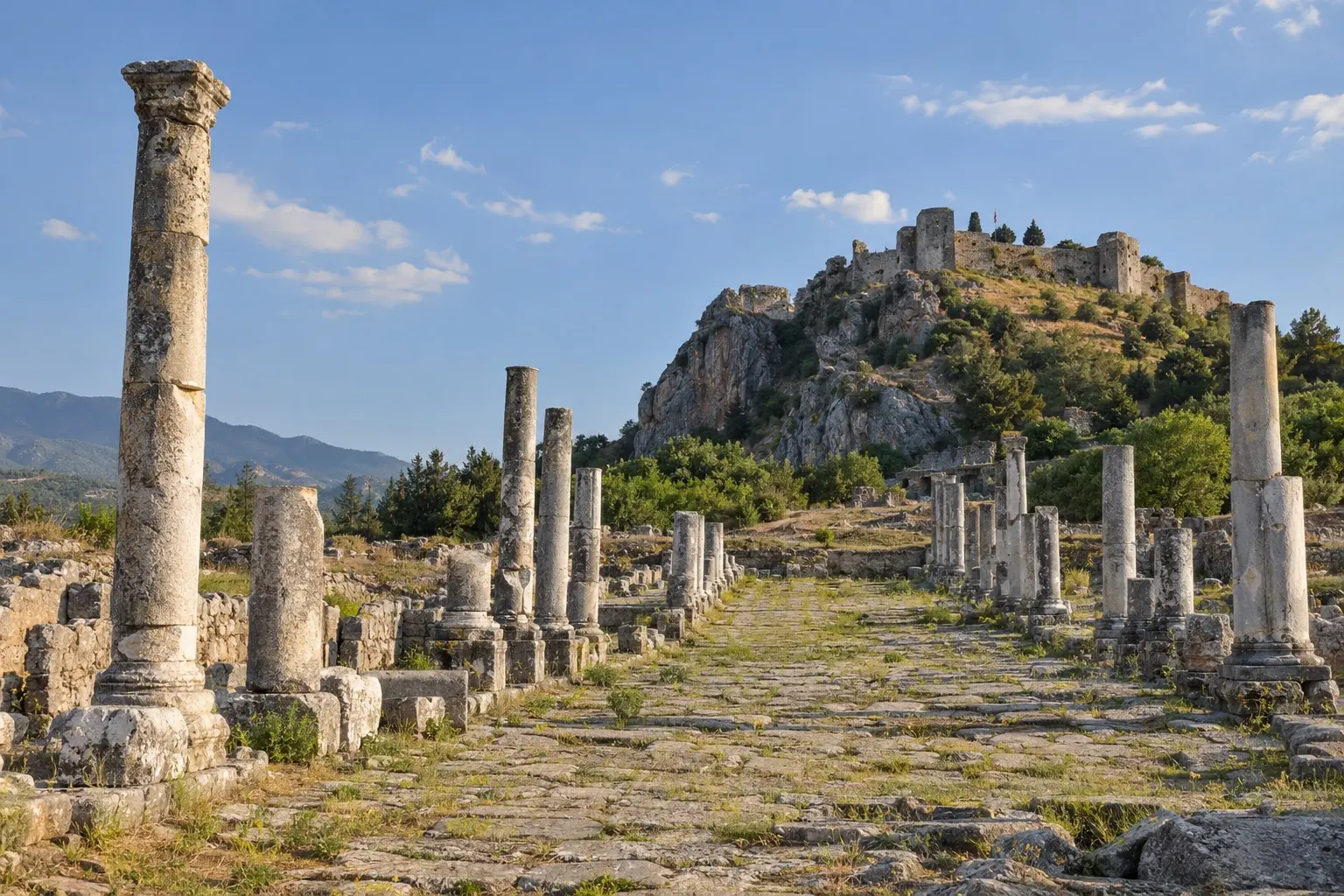 The colonnaded street and castle of Kastabala