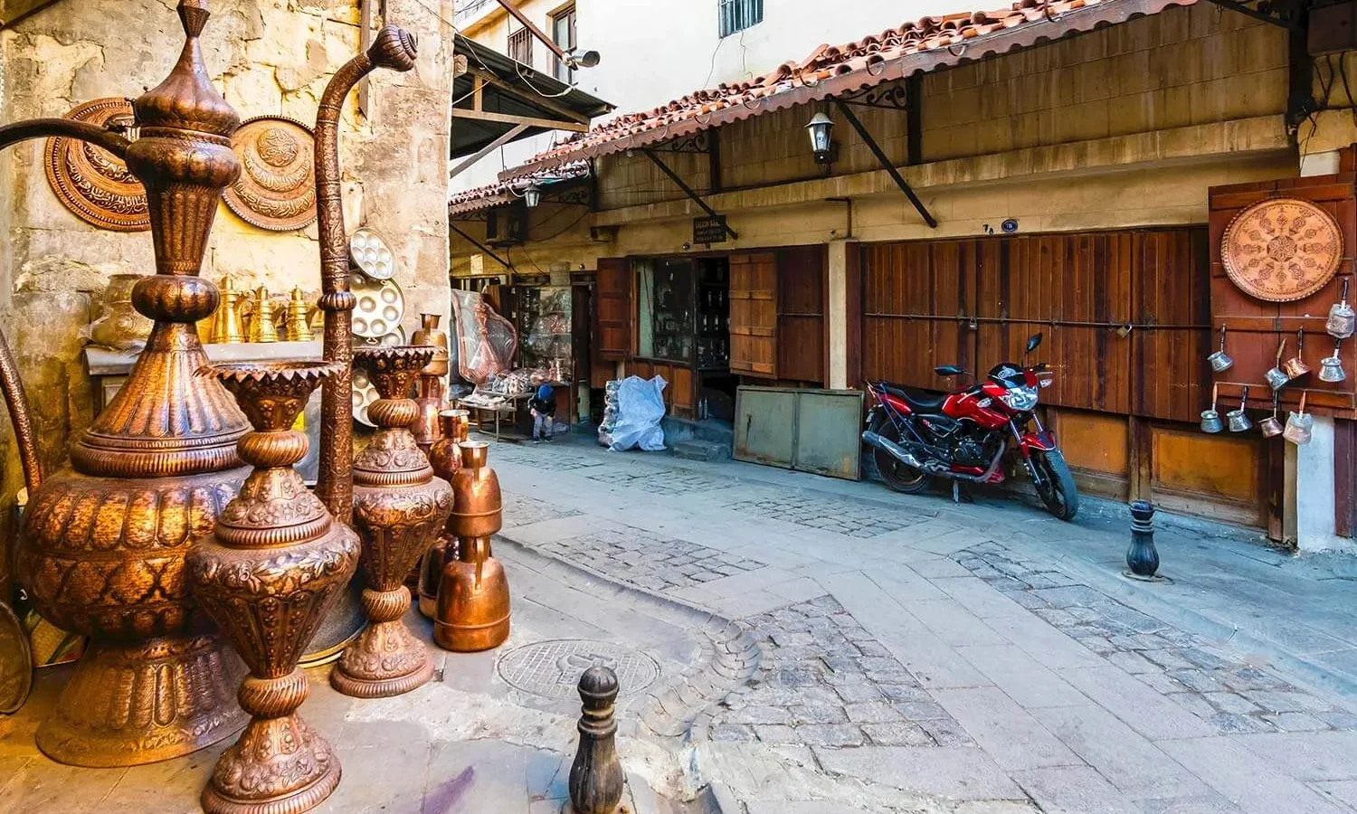 Copper ewers outside workshops in the Coppersmiths' Bazaar