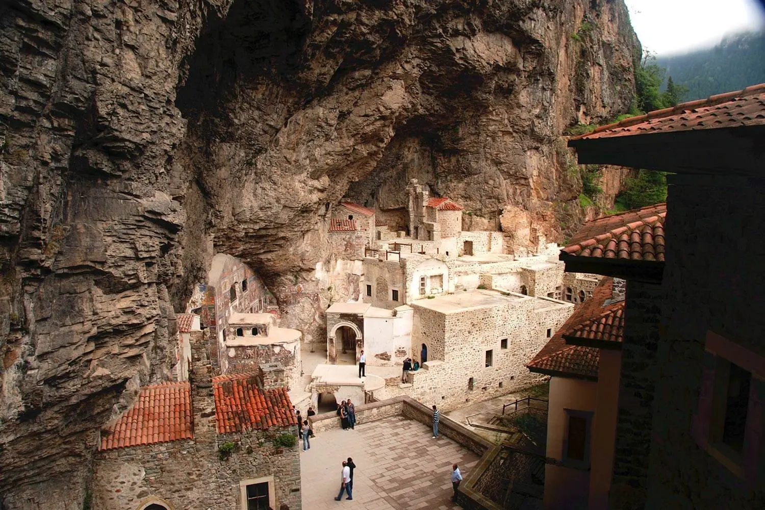 The courtyard of Sumela Monastery under the rock