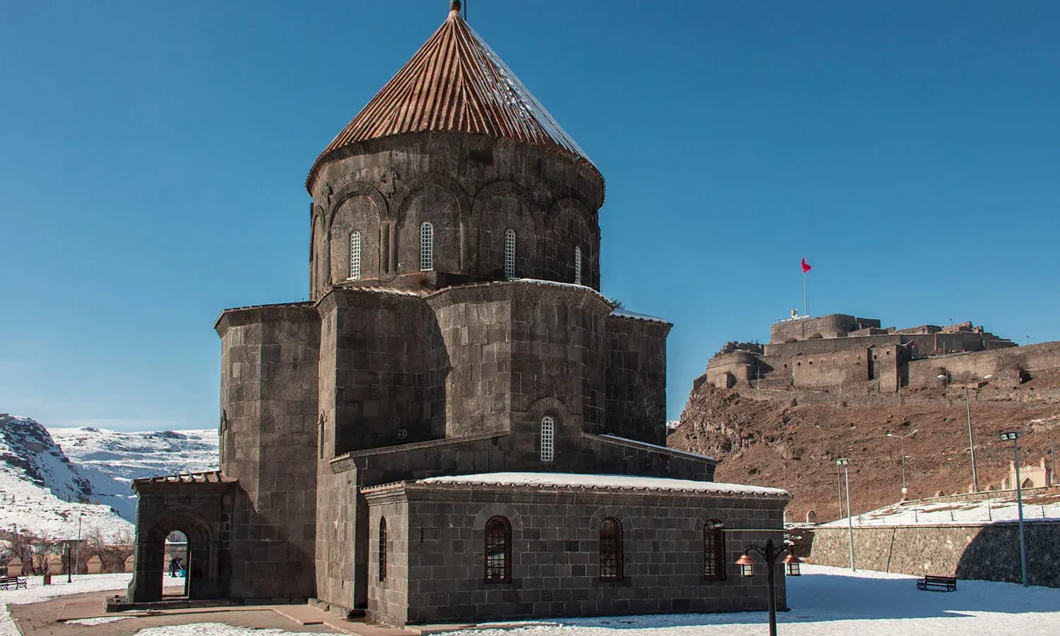 Kümbet Mosque below Kars Castle in winter