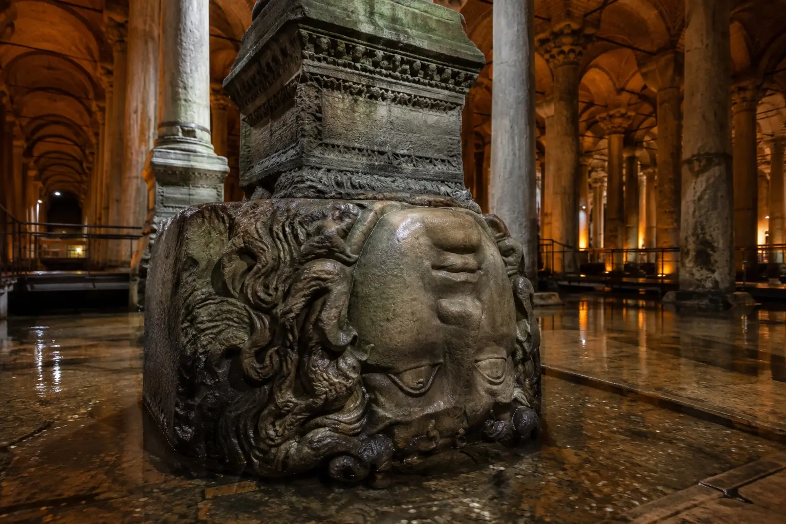 The Medusa head at the base of a column in the Basilica Cistern