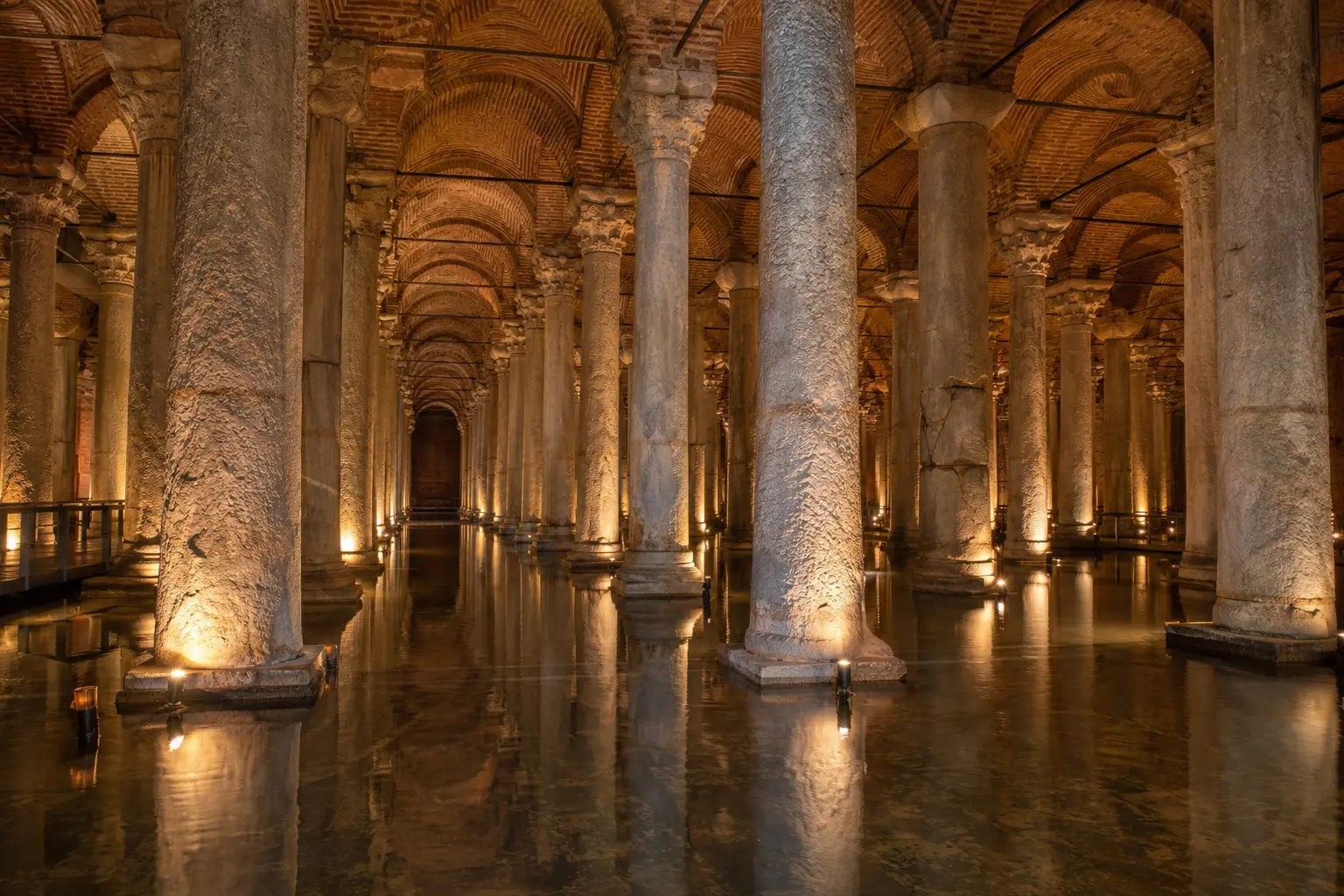 Rows of lit columns in the Basilica Cistern