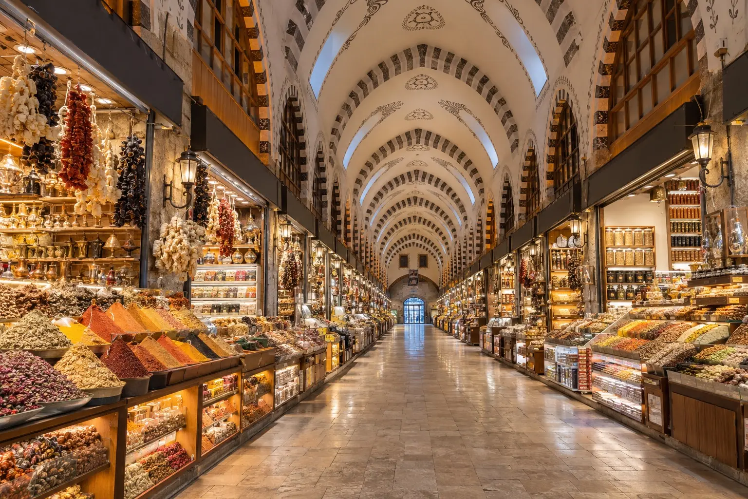 Spice stalls under the vaults of the Spice Bazaar, Istanbul