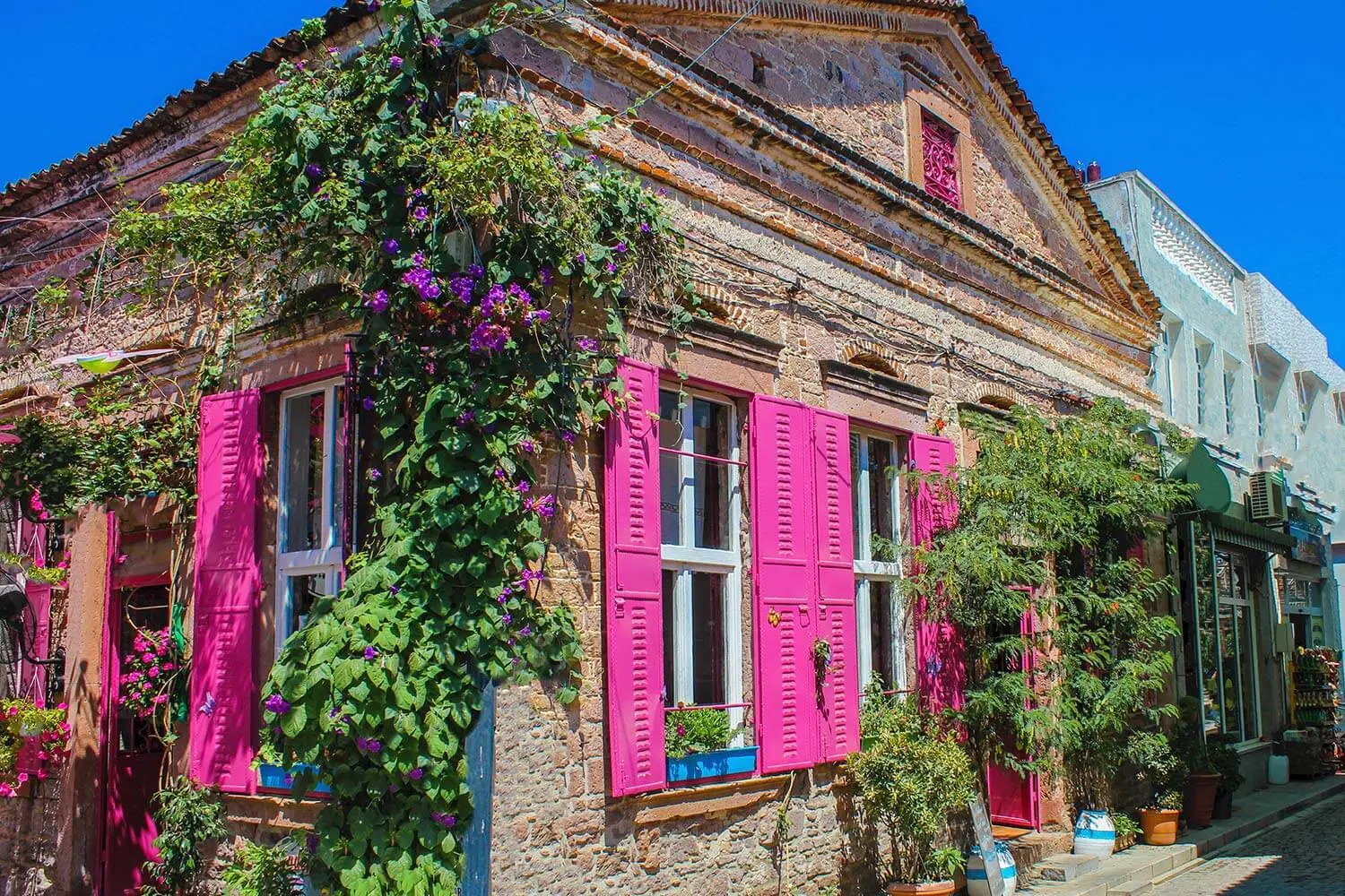 A stone house with pink shutters in Ayvalık