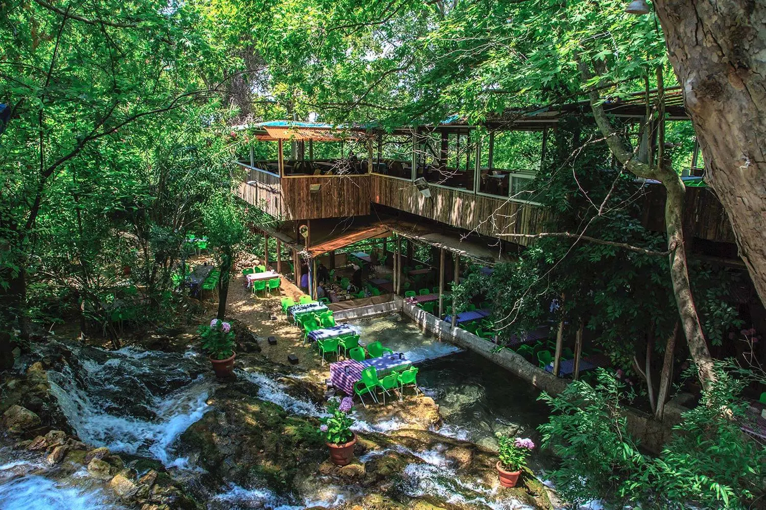 Wooden terraces over the streams of Harbiye